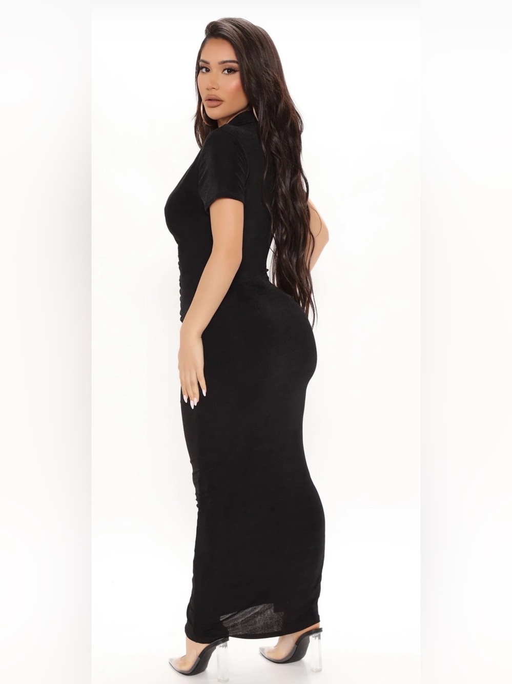 Black Button-Front Ruched Maxi Dress - Picture 2 of 4